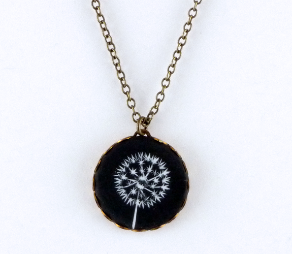  Black Clay & Brass Necklace with Small Dandelion Puff Design by Yummy & Co.